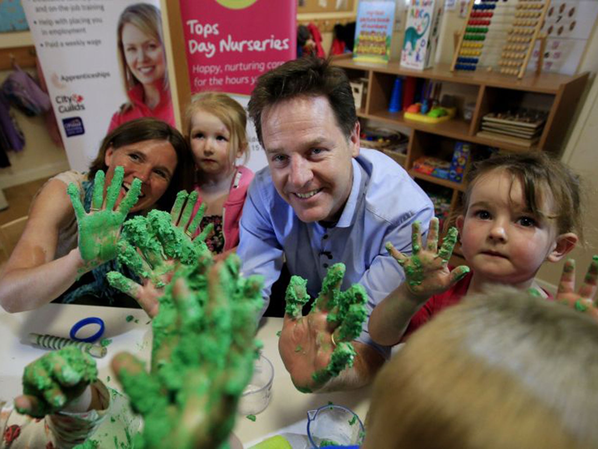 Nick Clegg was campaigning with candidate Vikki Slade at a nursery in Dorset on Monday