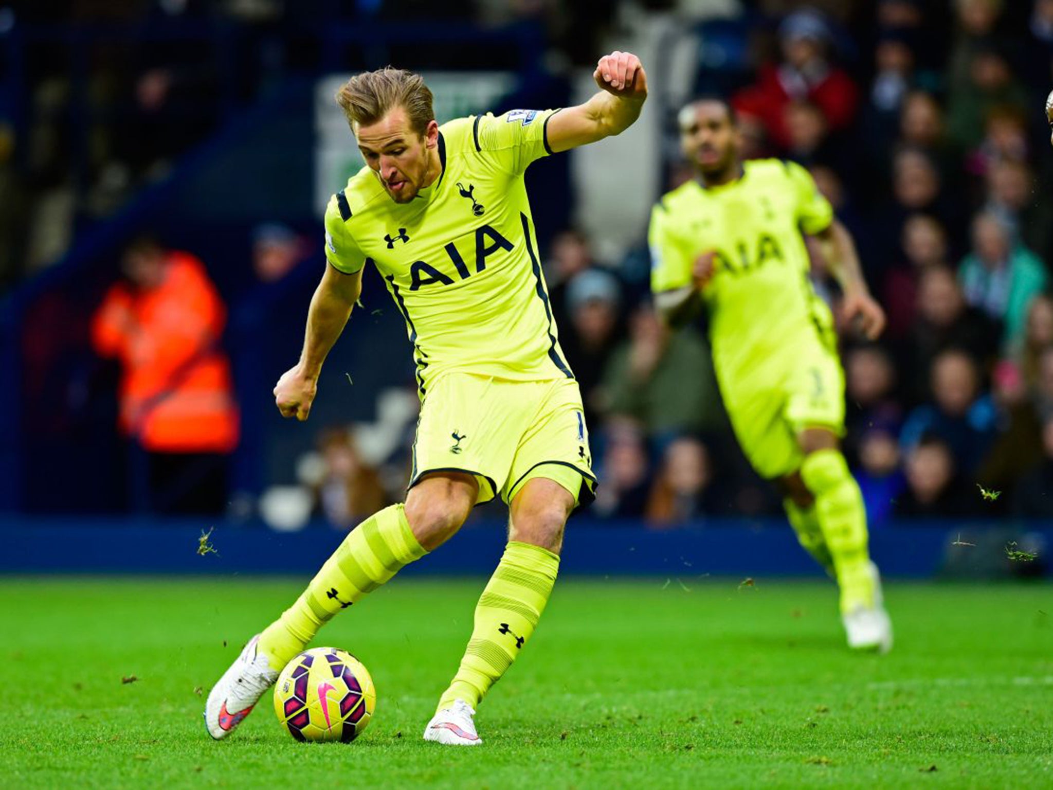 Tottenham striker Harry Kane scores against West Bromwich Albion, one of his 20 Premier League goals so far this season