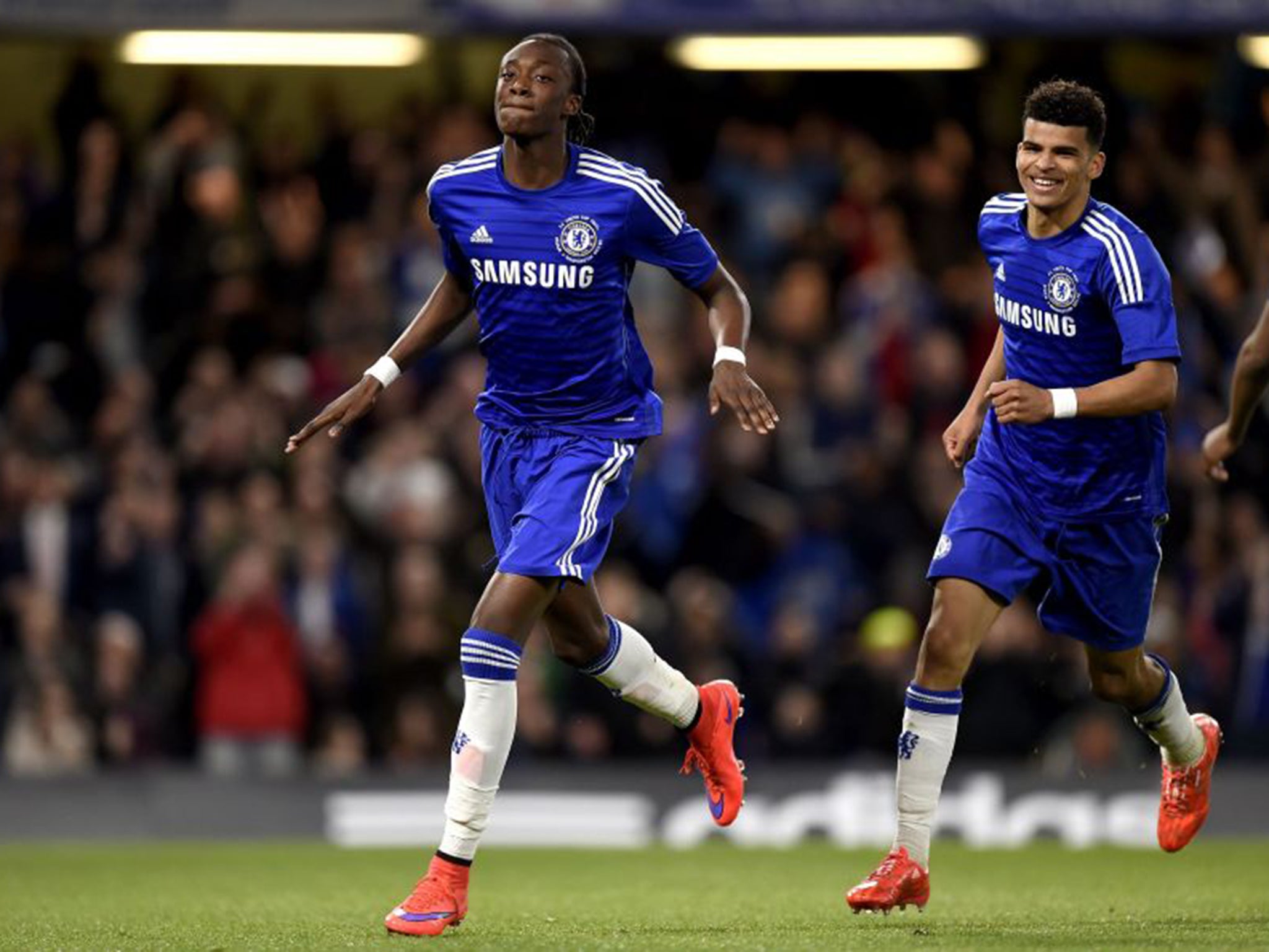 Tammy Abraham, left, celebrates after scoring Chelsea’s second goal in their victory over Manchester City