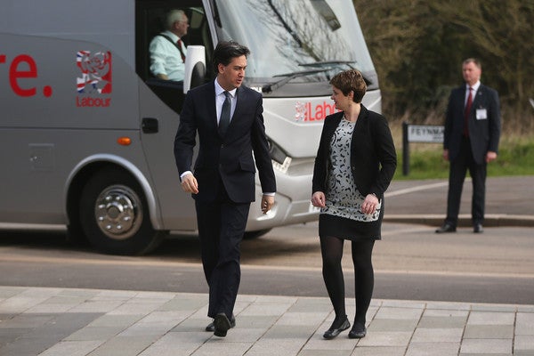 Ed Miliband greets Jo McCarron on a visit to Kingswood during the campaign