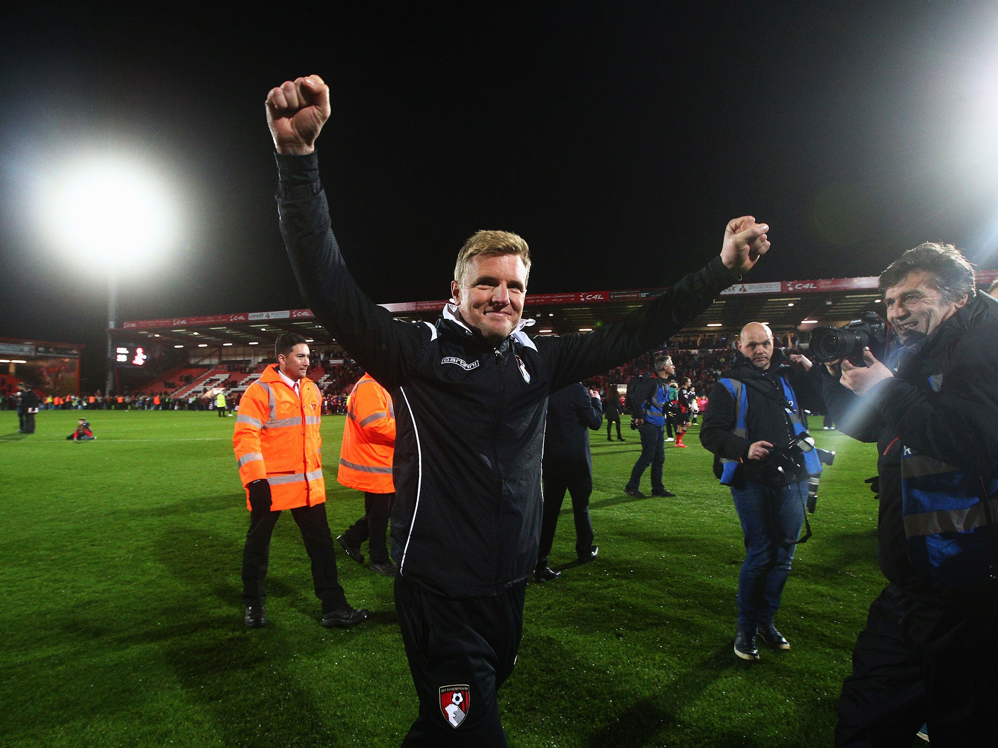 Bournemouth manager Eddie Howe celebrates victory over Bolton