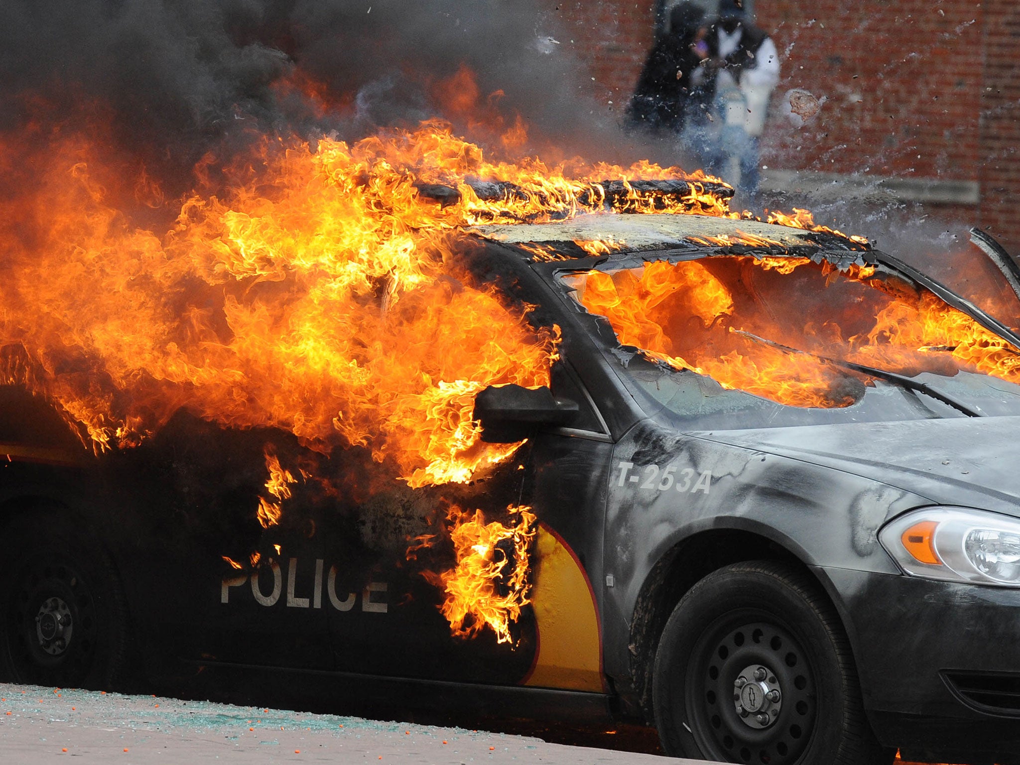 An officer vehicle burns