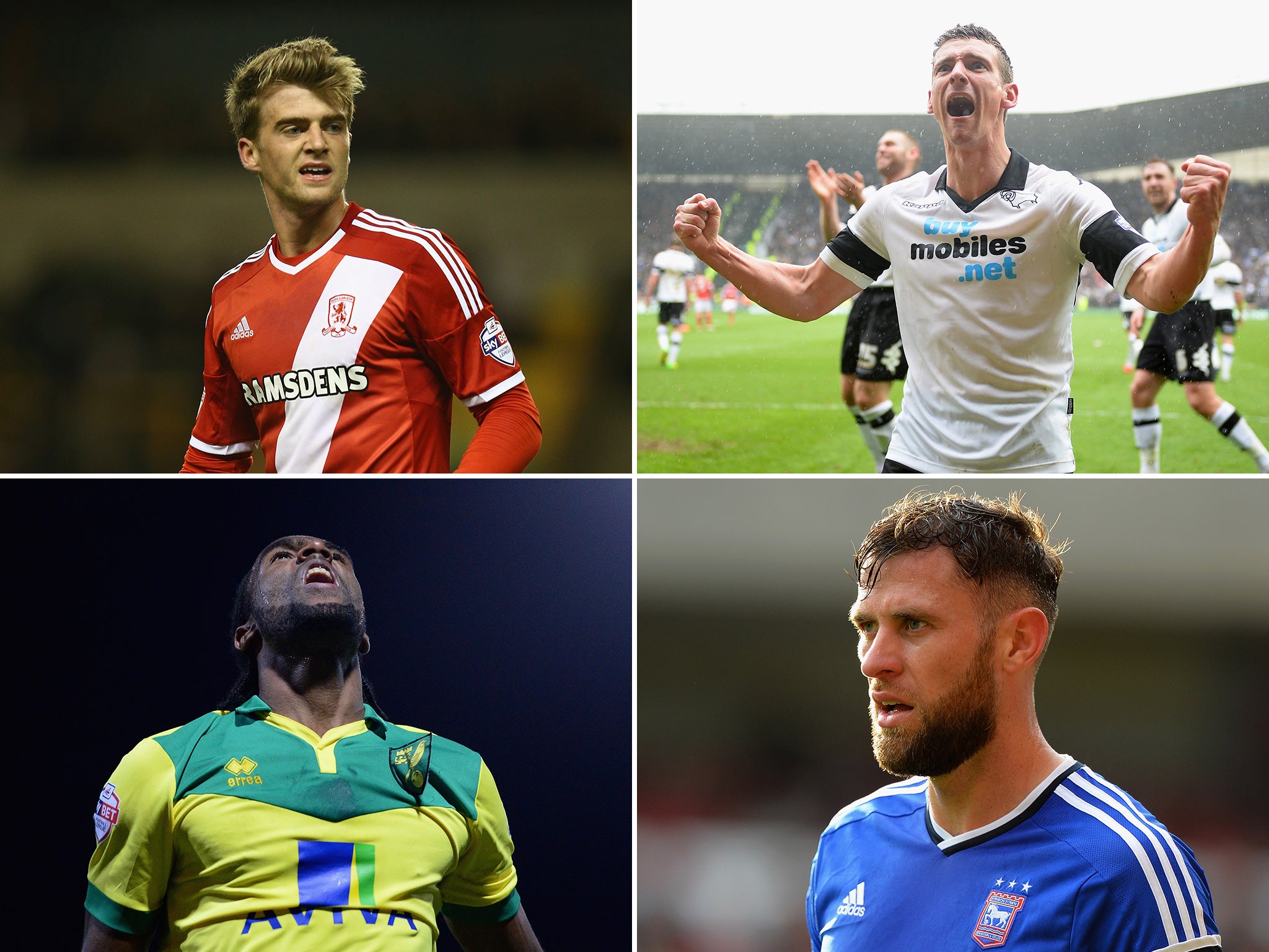 Clockwise from top left: Middlesborough, Derby County, Ipswich and Norwich are all in the hunt for playoff glory