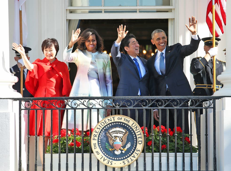 Barack Obama with Shinzo Abe at the White House, accompanied by Michelle Obama and Mr Abe’s wife, Akie