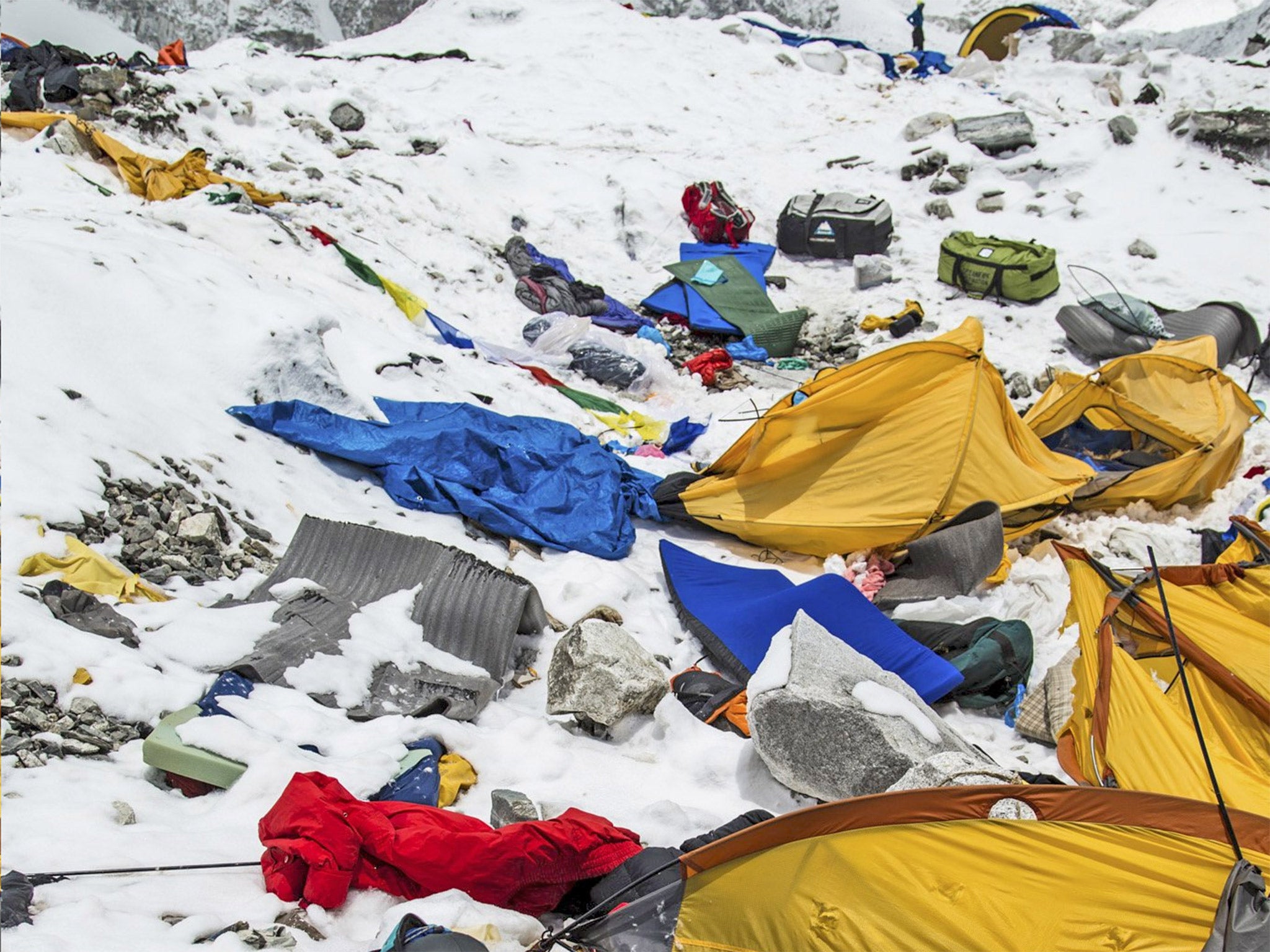 The Everest south base camp a day after being destroyed by an avalanche which left at least 17 people dead