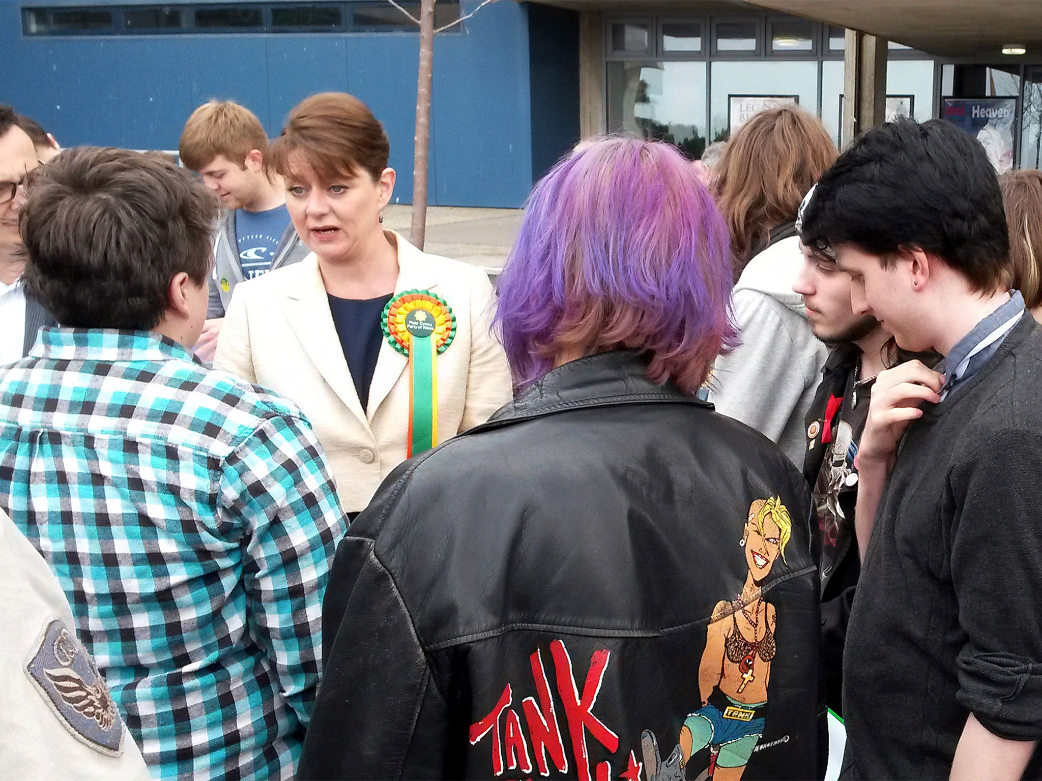 Plaid Cymru leader Leanne Wood meets students on the campaign trail