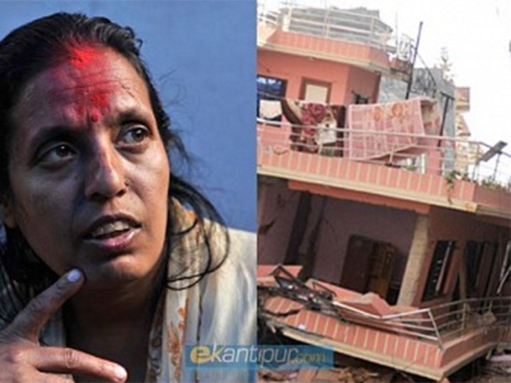 Sunita Sitaula and the collapsed building she was rescued from