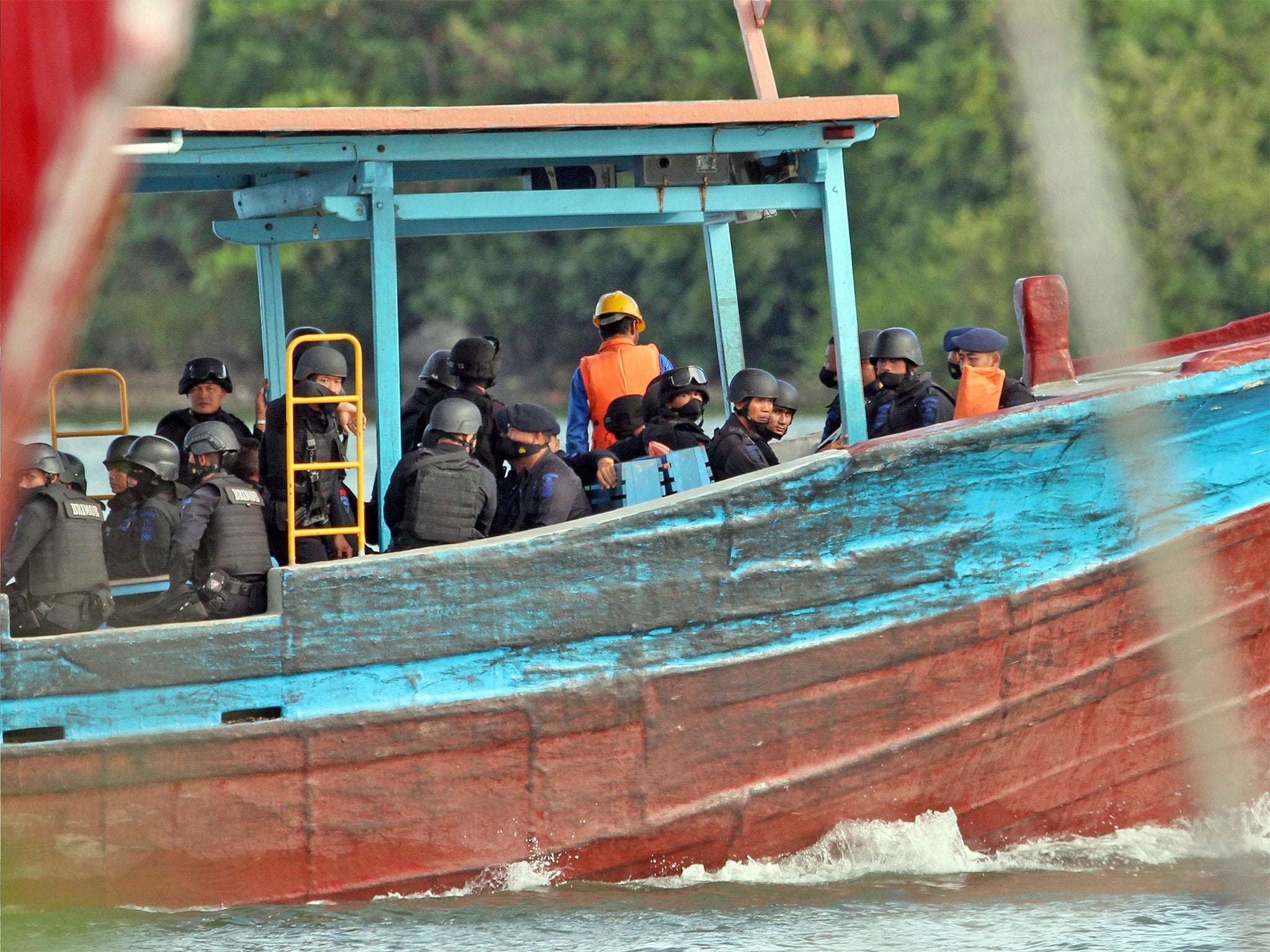A police unit believed to be the execution team for death-row prisoners, heading to Nusakambangan Island