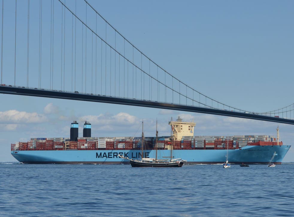 File image of a Maersk container ship, the Maersk Mc-Kinney Moller, as it passes below the Storebaelts Bridge in Denmark