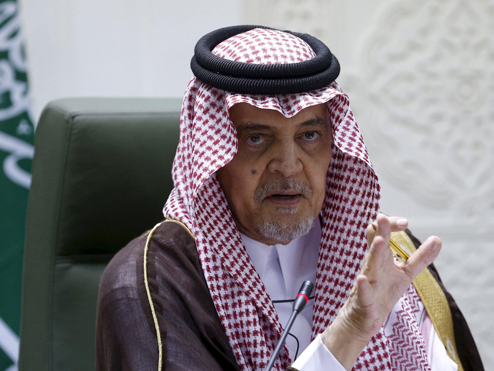 On his way out: Longstanding Saudi foreign minister Prince Saud al-Faisal gestures during a news conference in Riyadh on 12 April, 2015 (Reuters)