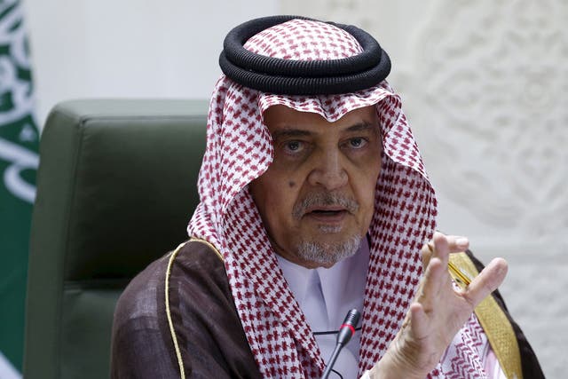 On his way out: Longstanding Saudi foreign minister Prince Saud al-Faisal gestures during a news conference in Riyadh on 12 April, 2015 (Reuters)
