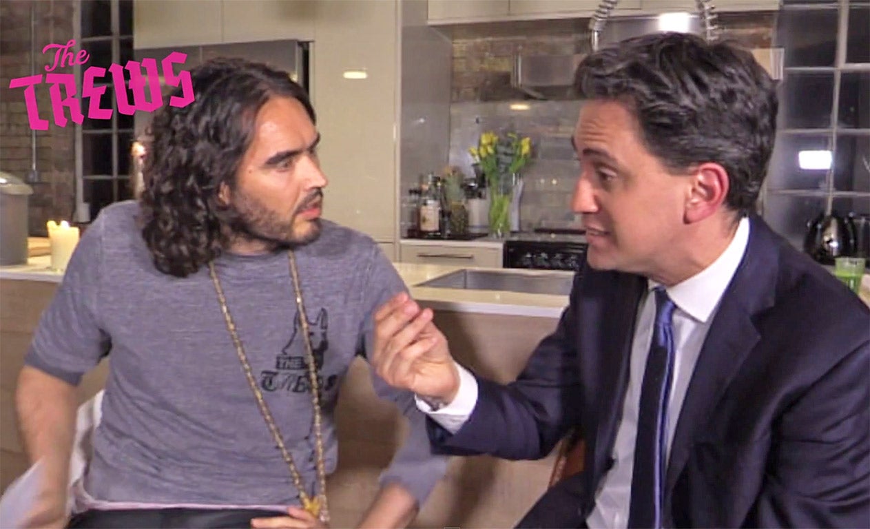 Russell Brand interviews Labour leader Ed Miliband for his internet programme ‘The Trews’