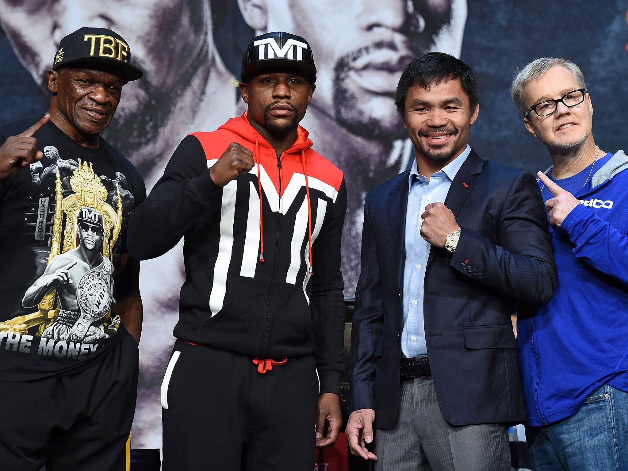 The trainers and the fighters - Floyd Mayweather Sr, Floyd Mayweather Jr, Manny Pacquiao and Freddie Roach