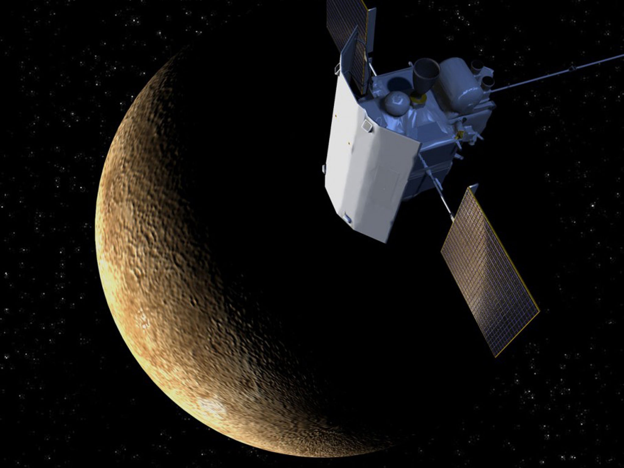 This artist’s rendering provided by the Johns Hopkins University Applied Physics Laboratory shows the sunshade on the MESSENGER spacecraft around the planet Mercury.