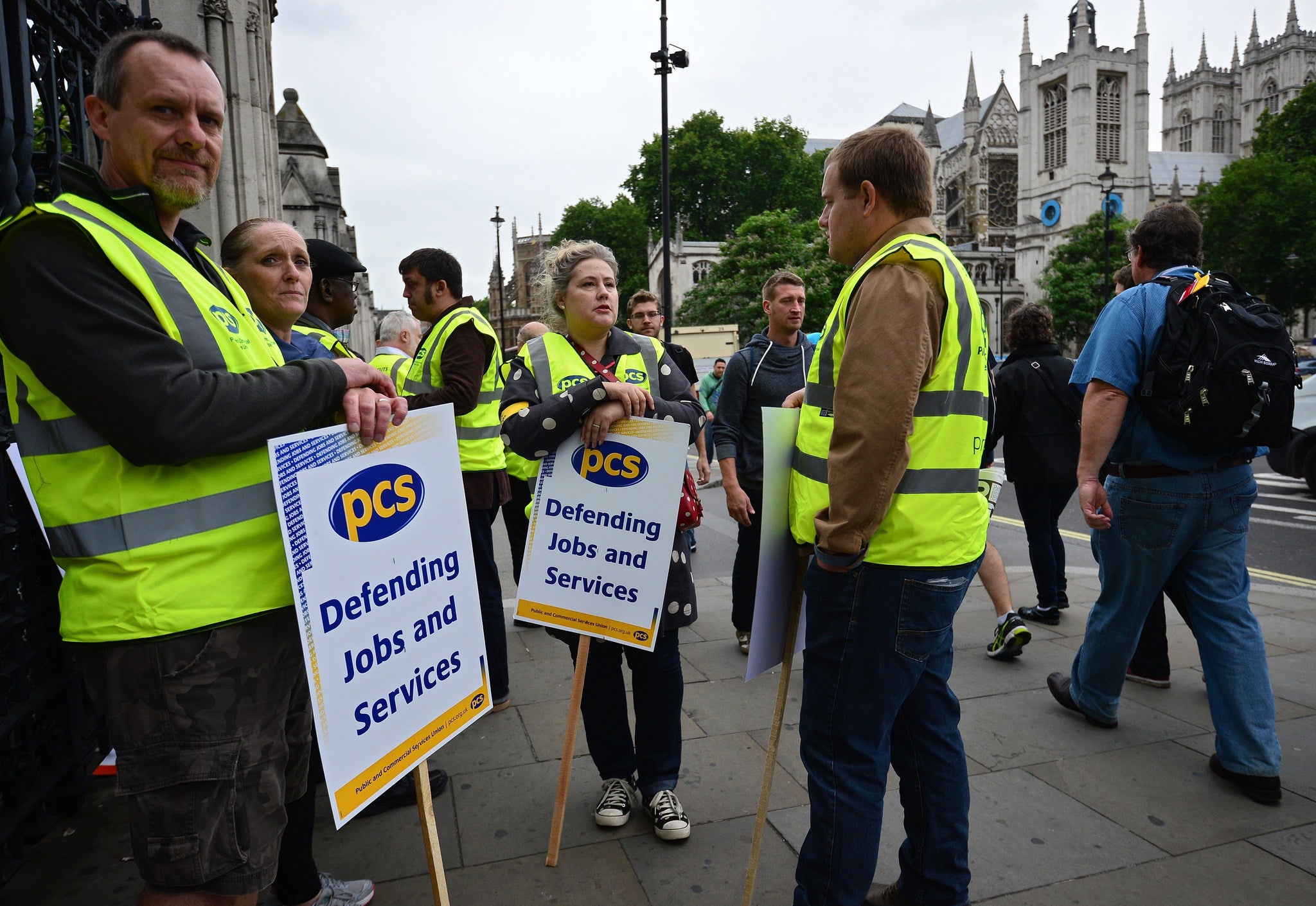 Striking workers protest government spending cuts, July 2014