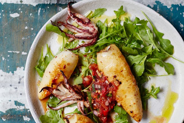 Spiced whole squid with burnt tomato and chilli salsa