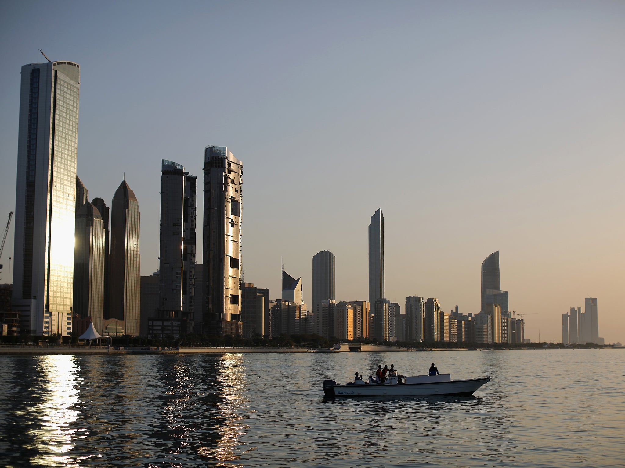 The city skyline at sunset from Dhow Harbour in Abu Dhabi