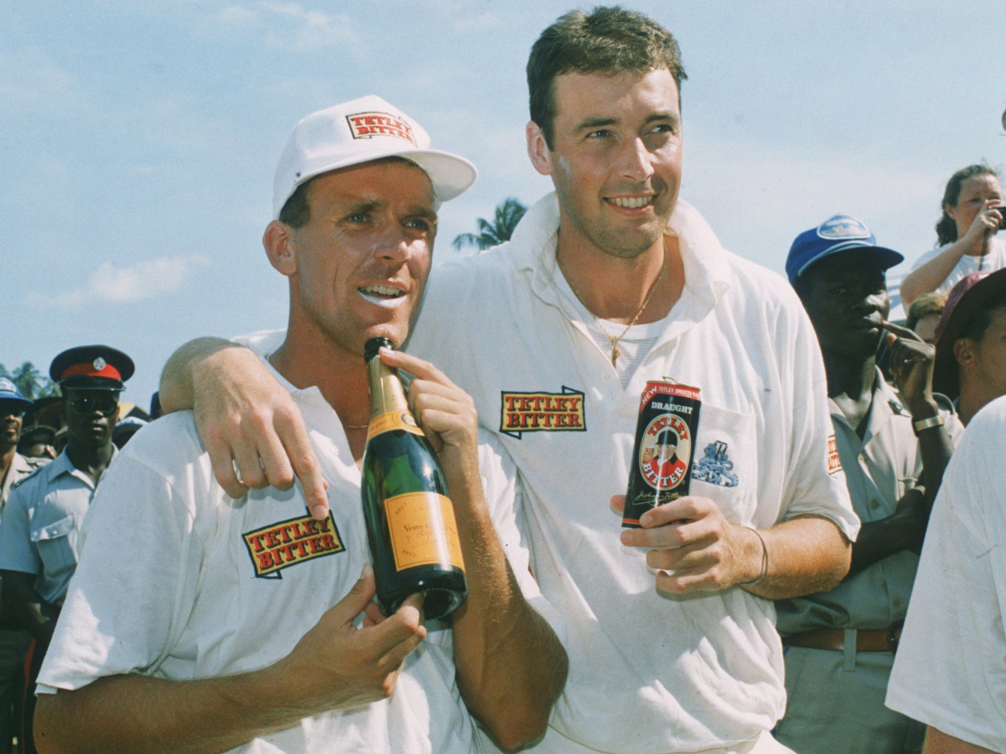 Man of the match Alec Stewart (left) celebrates with Angus Fraser after winning the fourth Test in Barbados in April 1994