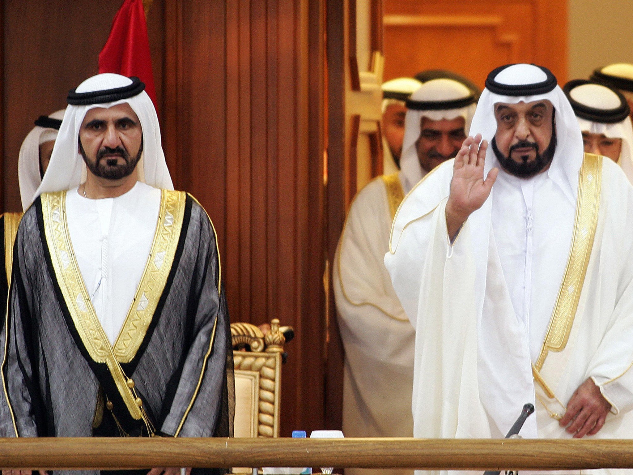UAE President Sheikh Khalifa Bin Zayed Al-Nahyan (R), and Crown Prince and Dubai ruler Sheikh Mohamed Bin Rashid Al-Maktoum