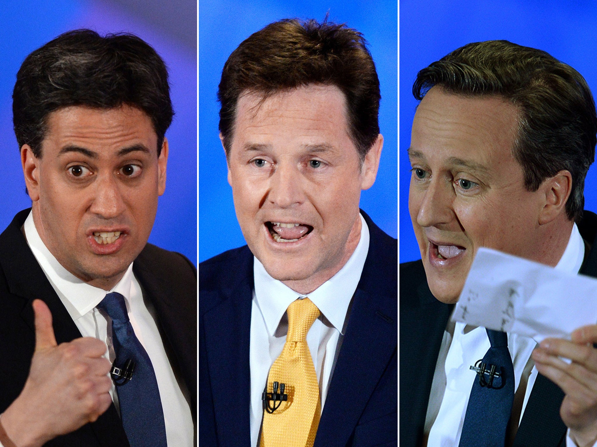 Ed Miliband, Nick Clegg and David Cameron appeal to the audience during the Question Time special