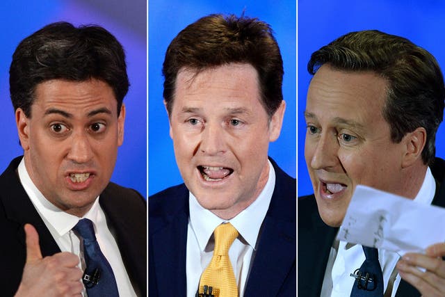 Ed Miliband, Nick Clegg and David Cameron appeal to the audience during the Question Time special