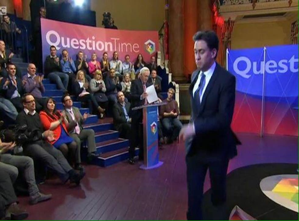 Ed Miliband trips as he exits the Question Time stage in Leeds