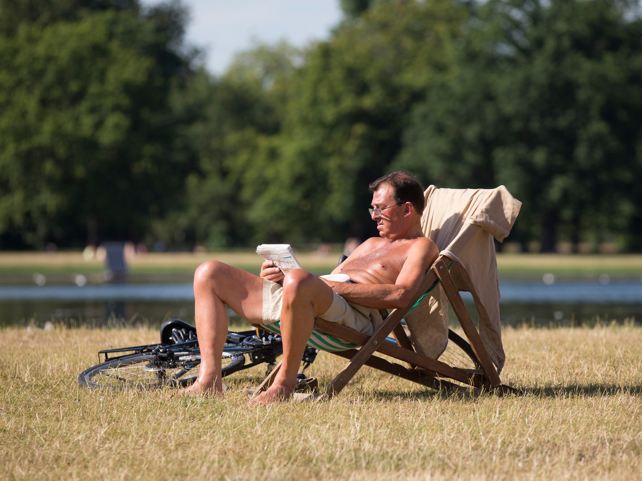 A man relaxes in warm weather in London's Hyde Park during the heatwave of summer 2014.