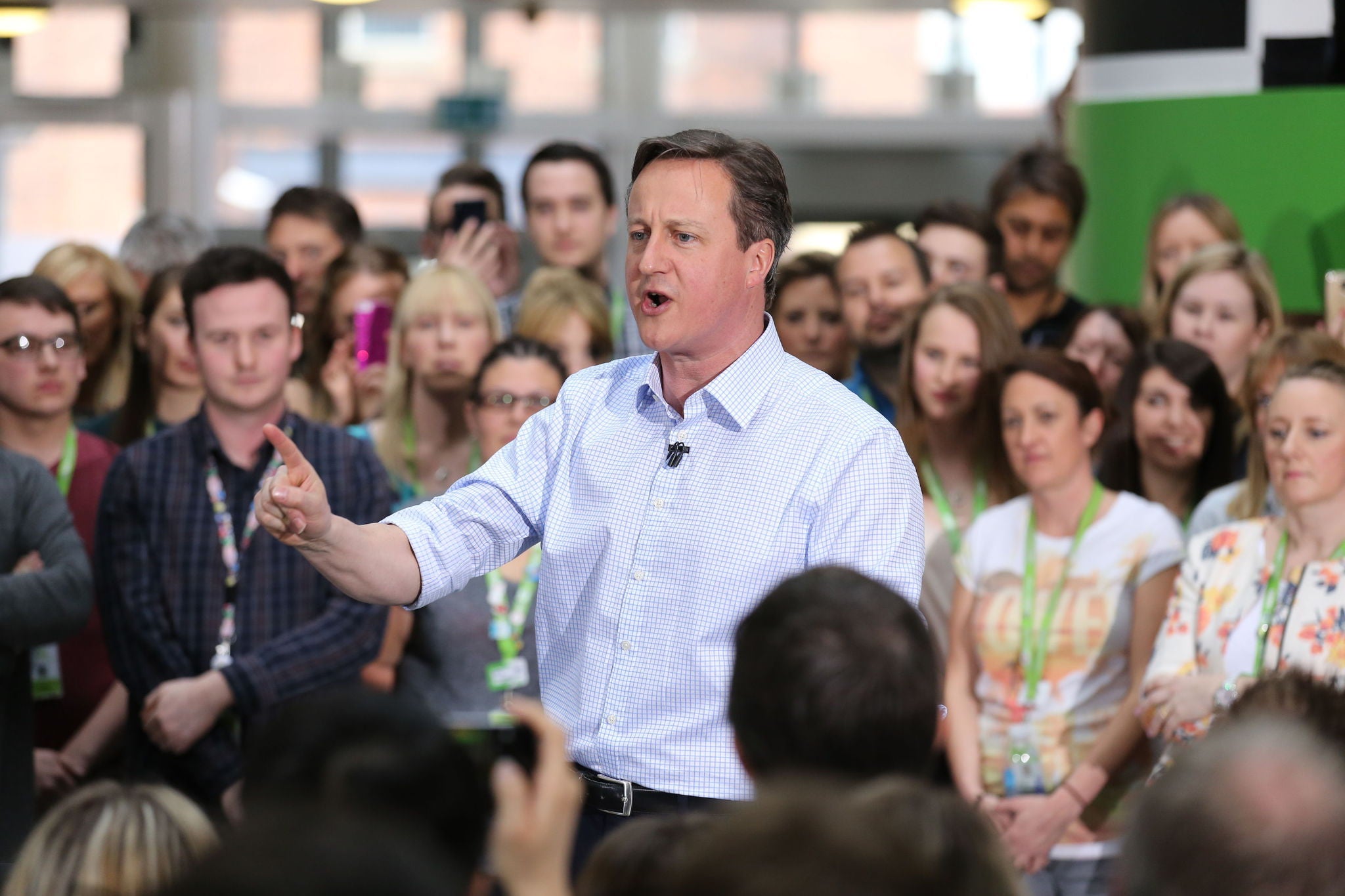 David Cameron addressing staff at the Asda headquarters in Leeds