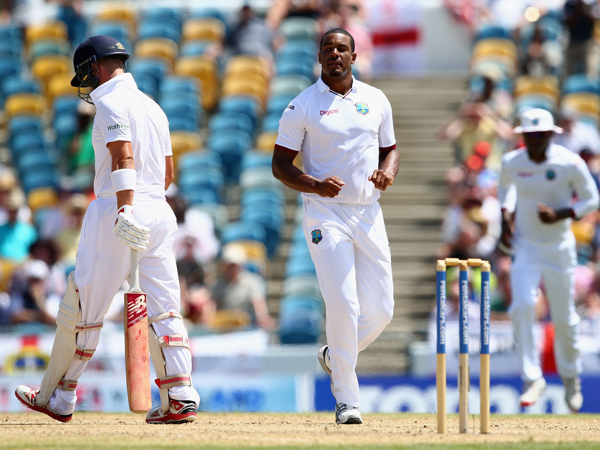 Jonathan Trott departs for a duck in the third test against the West Indies