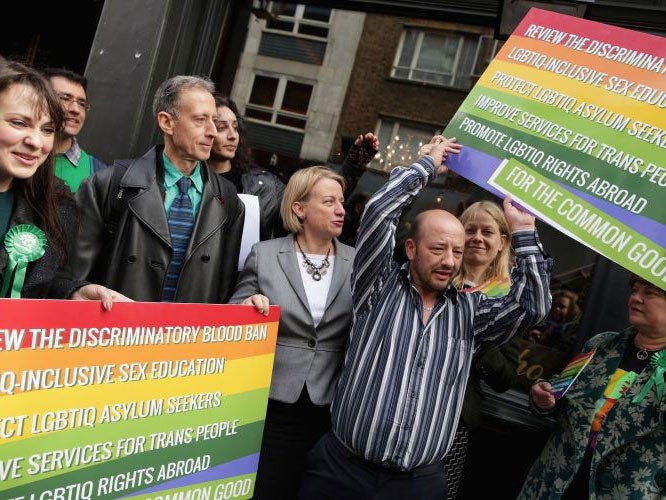 Green Party leader Natalie Bennett and supporters rally in Soho on 1 May