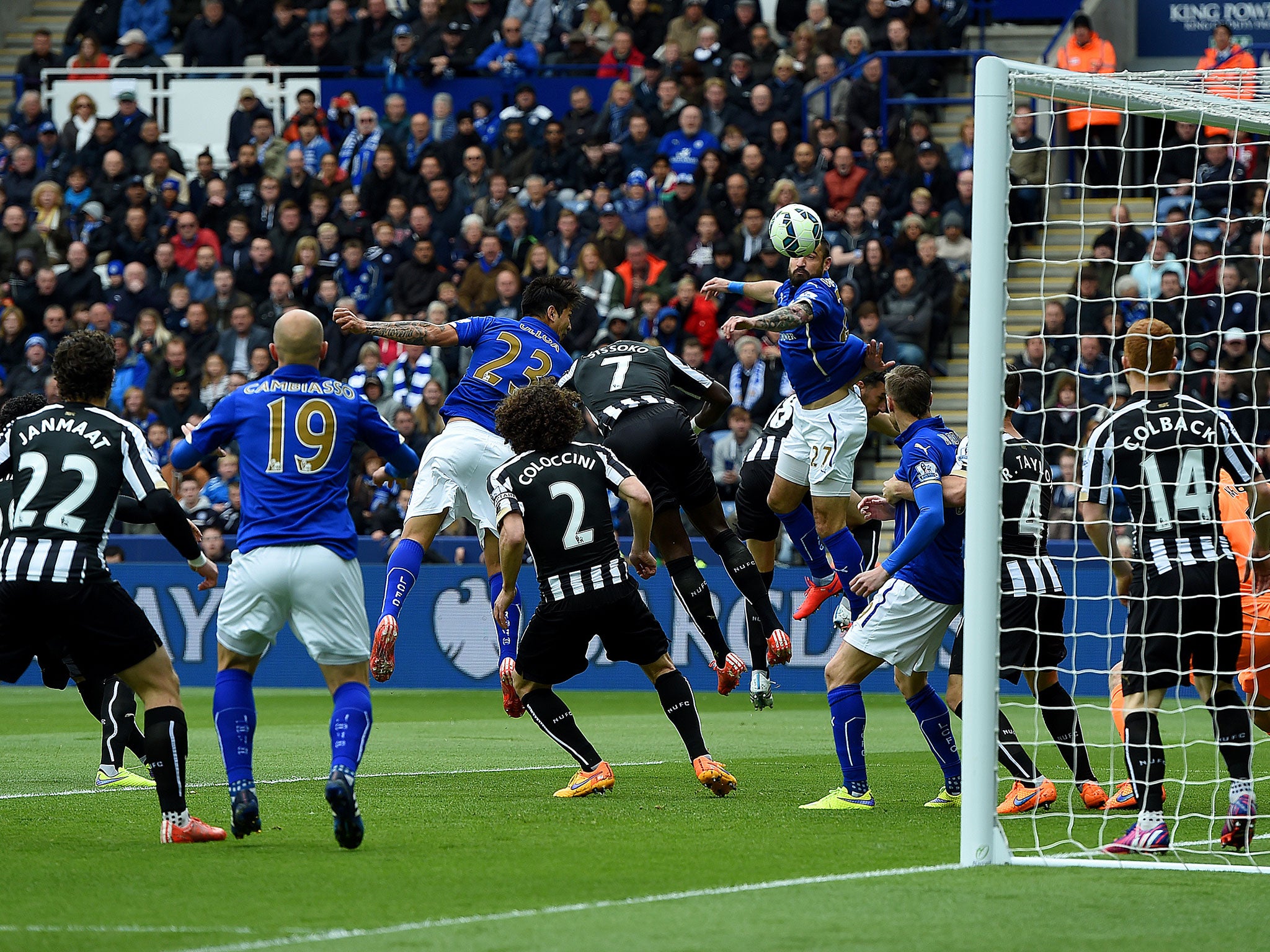 Leonardo Ulloa scores for Leicester against Newcastle