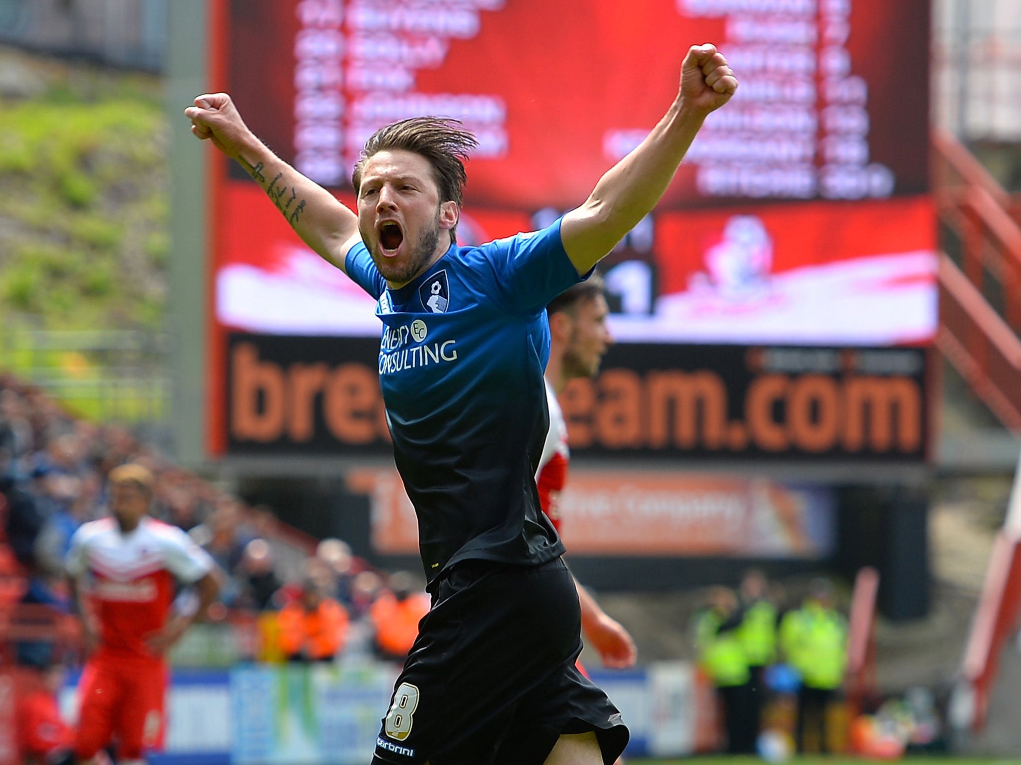 Justin Setterfield celebrates a goal for Bournemouth