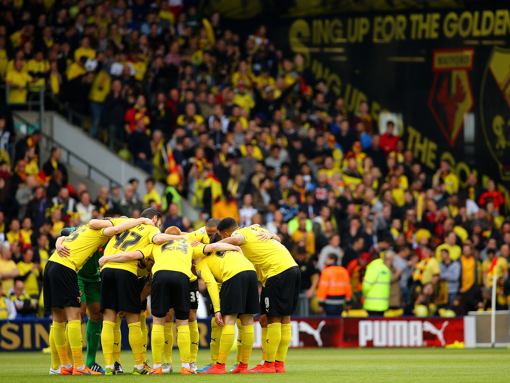 Watford huddle up before today's push for the title