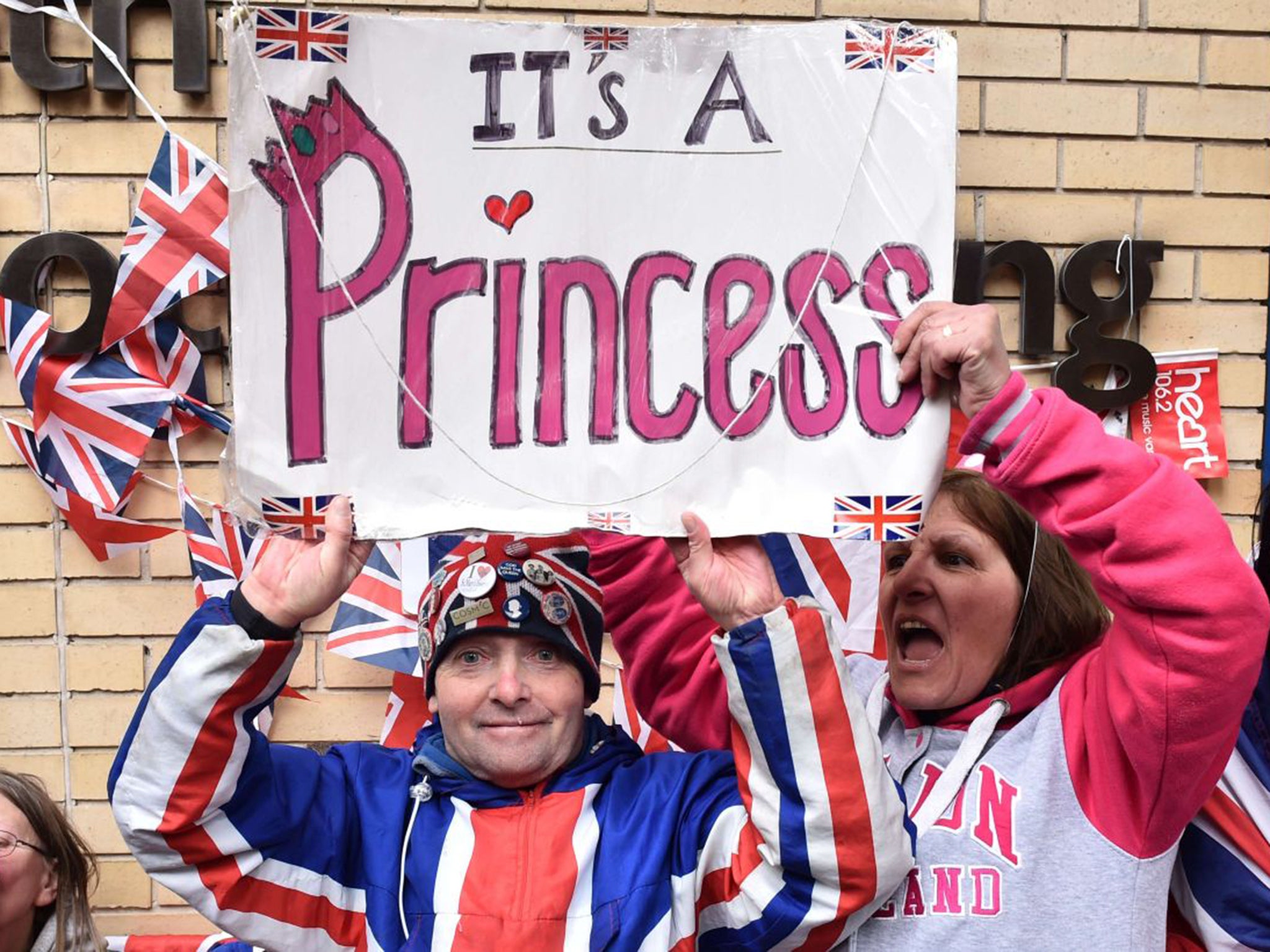 Royal fans celebrate outside the Lindo wing at St Mary's hospital after the news is passed that the second royal baby is a girl
