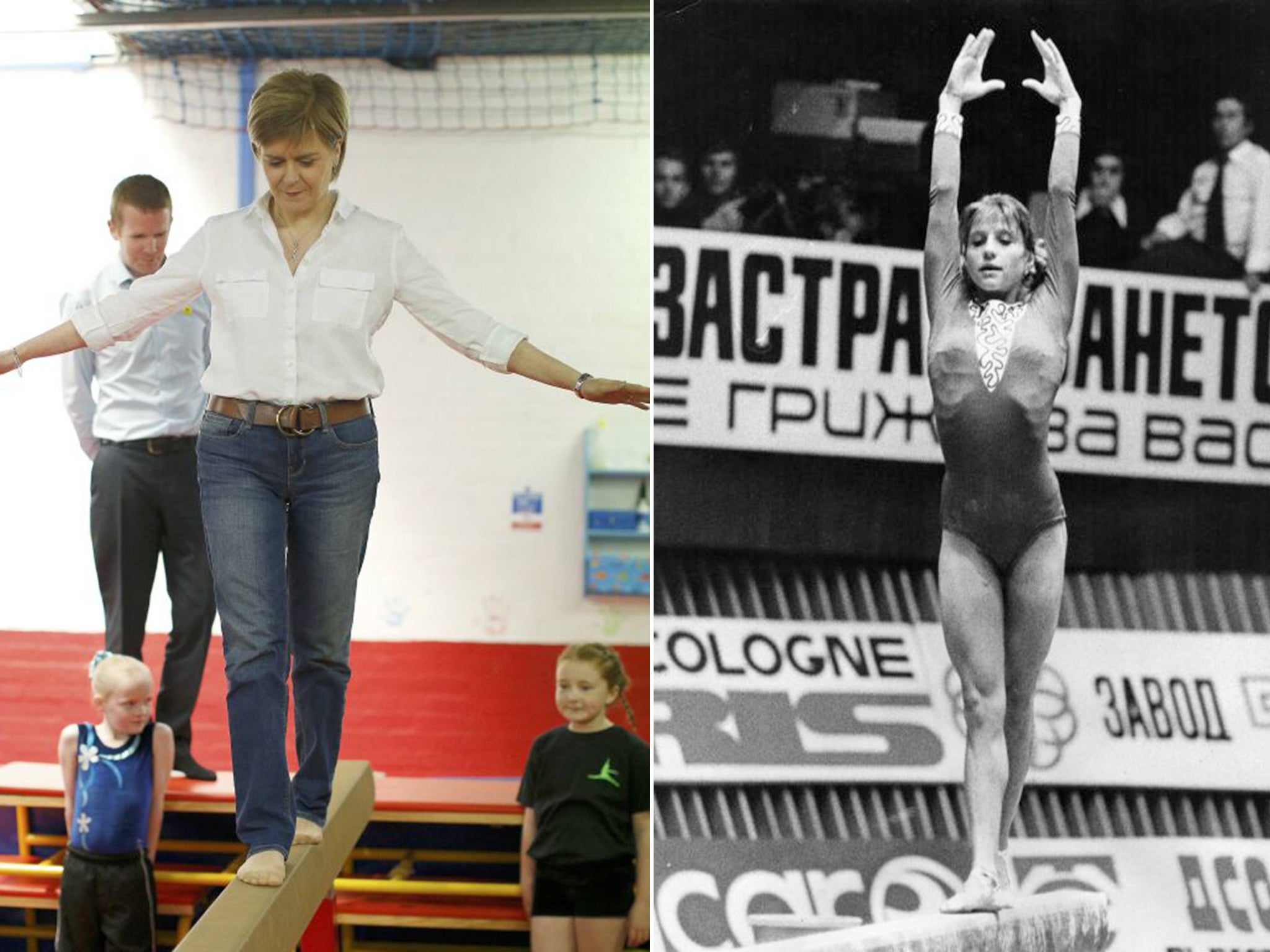 Photo match: Nicola Sturgeon on the balance beam on 27 April. Just like that other overnight sensation, Russian Olympian Olga Korbut, in 1972