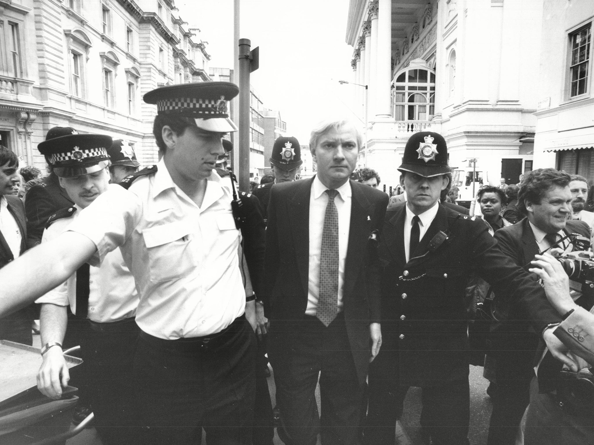 Harvey Proctor, then MP for Billericay, on his way to court in 1987