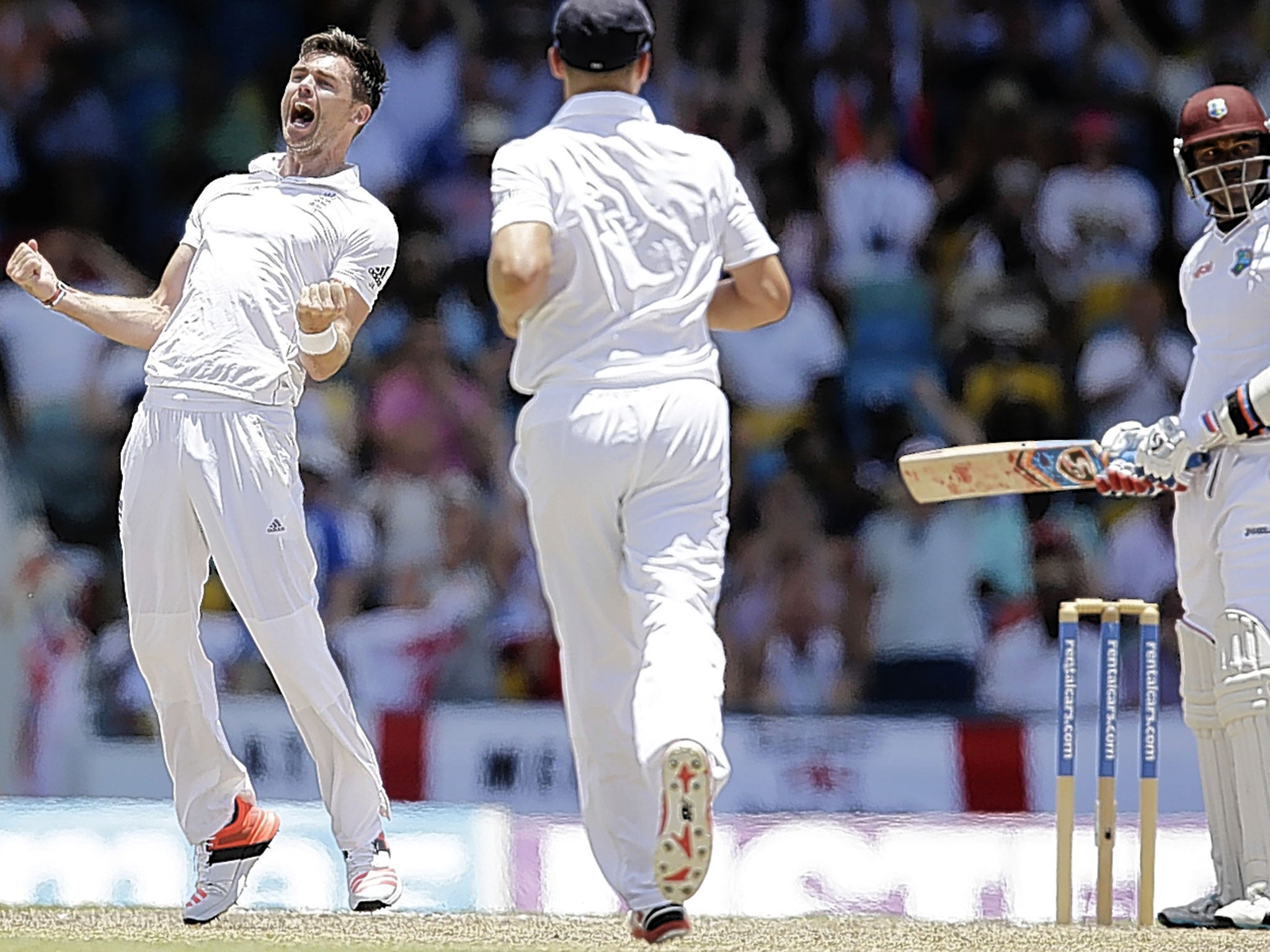 Jimmy Anderson celebrates trapping Marlon Samuels lbw to pick up his third wicket 