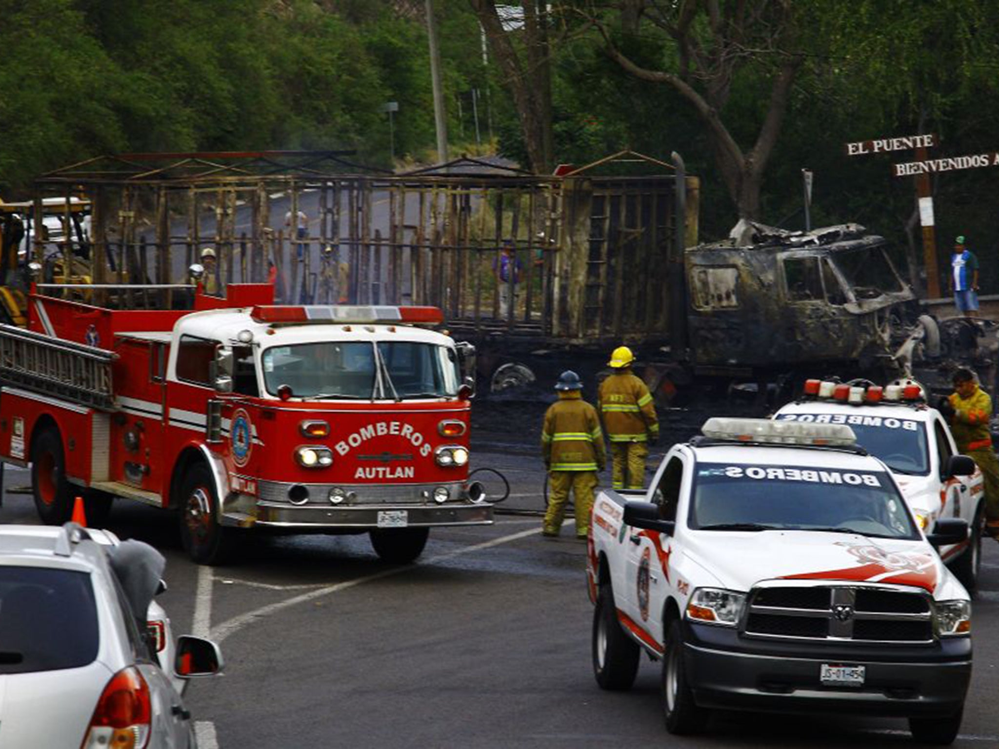 A burnt truck on an inter-city highway near Guadalajara on Frida