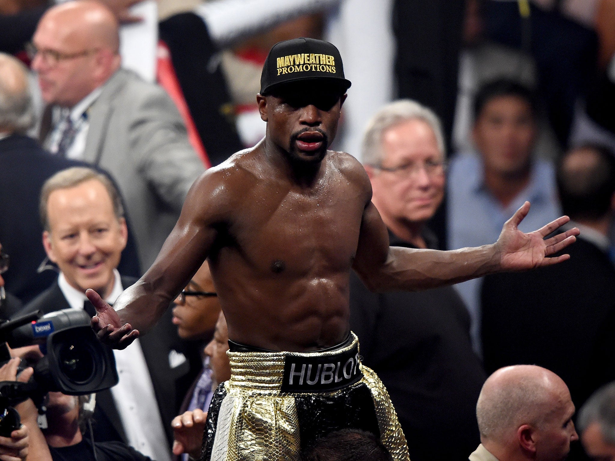 Floyd Mayweather celebrates his win over Manny Pacquiao