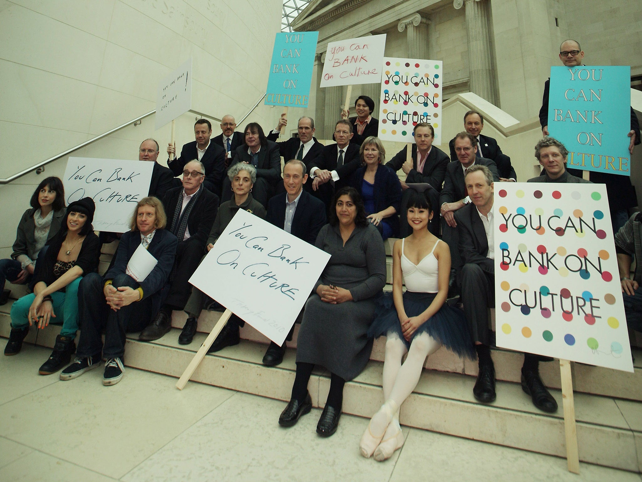 Culture club: Cultural figures, including Jude Kelly (back row, centre) demonstrate in the Great Court at the British Museum in 2010