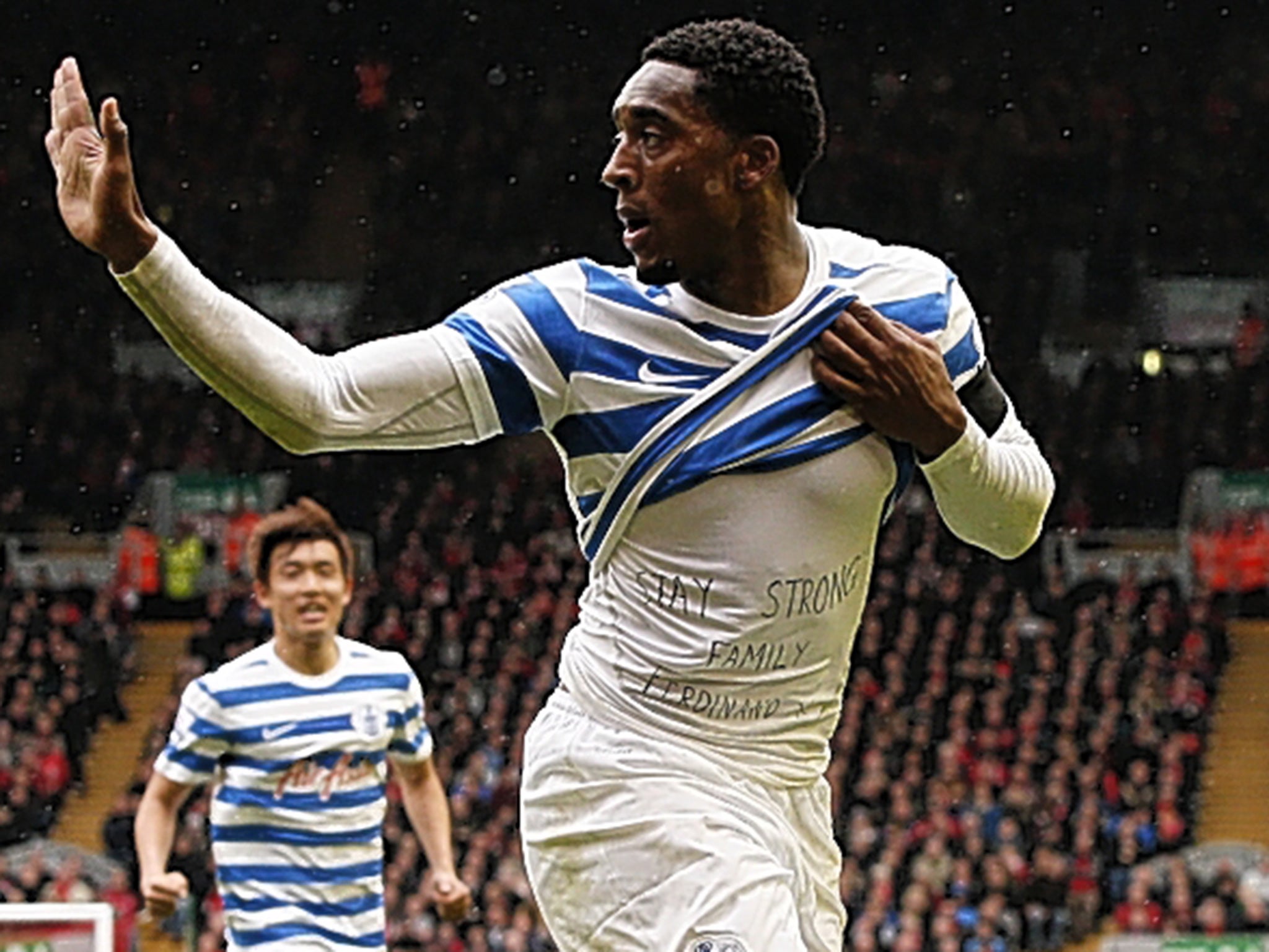 Leroy Fer reveals a T-shirt bearing a message of support for his team-mate Rio Ferdinand after the death of his wife