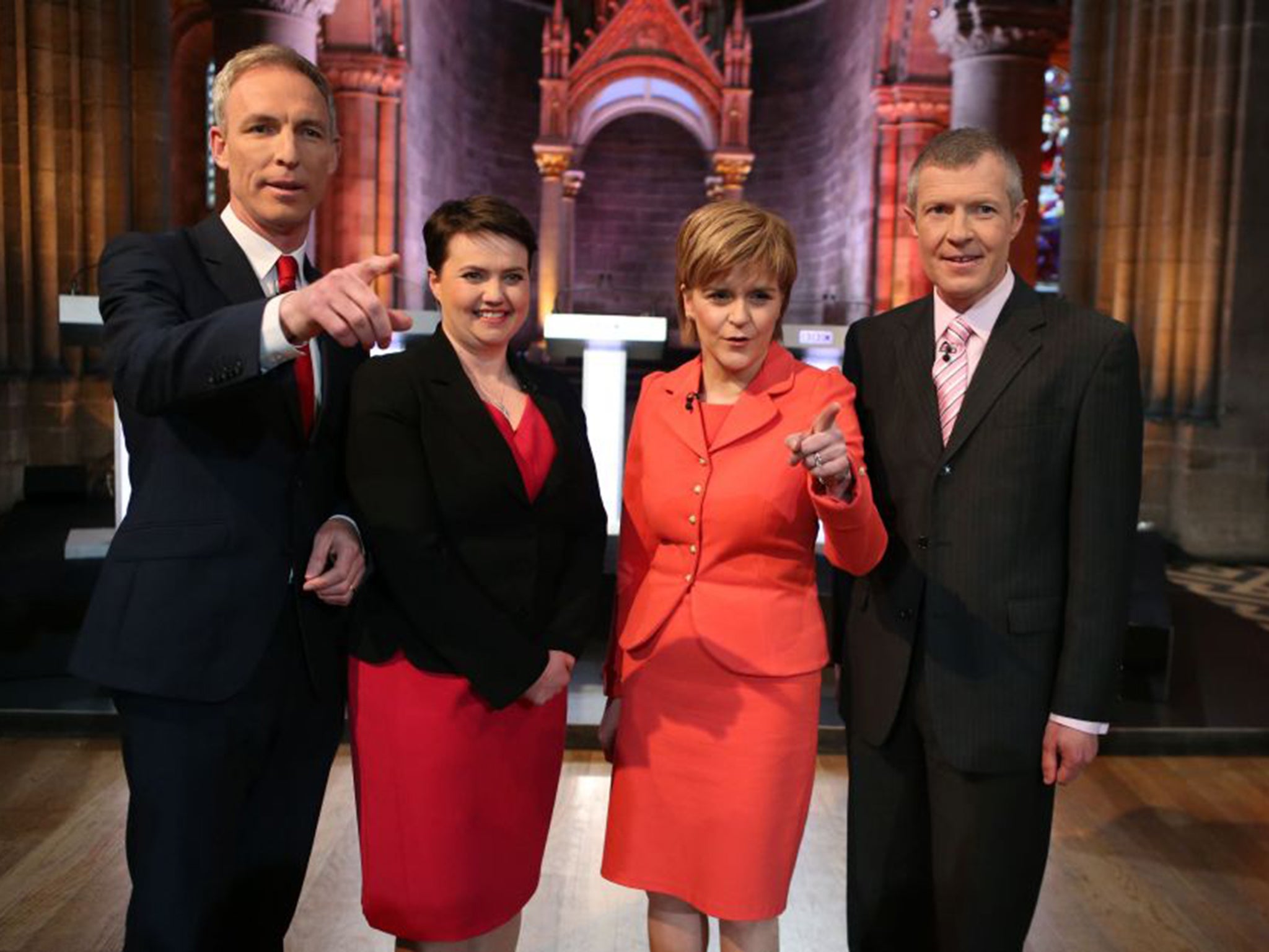 From left: Scottish Labour leader Jim Murphy; Scottish Conservative leader Ruth Davidson; Scotland's First Minister and SNP leader Nicola Sturgeon; and Scottish Liberal Democrat leader Willie Rennie at the BBC Election debate at the Mansfield Traquair Centre in Edinburgh