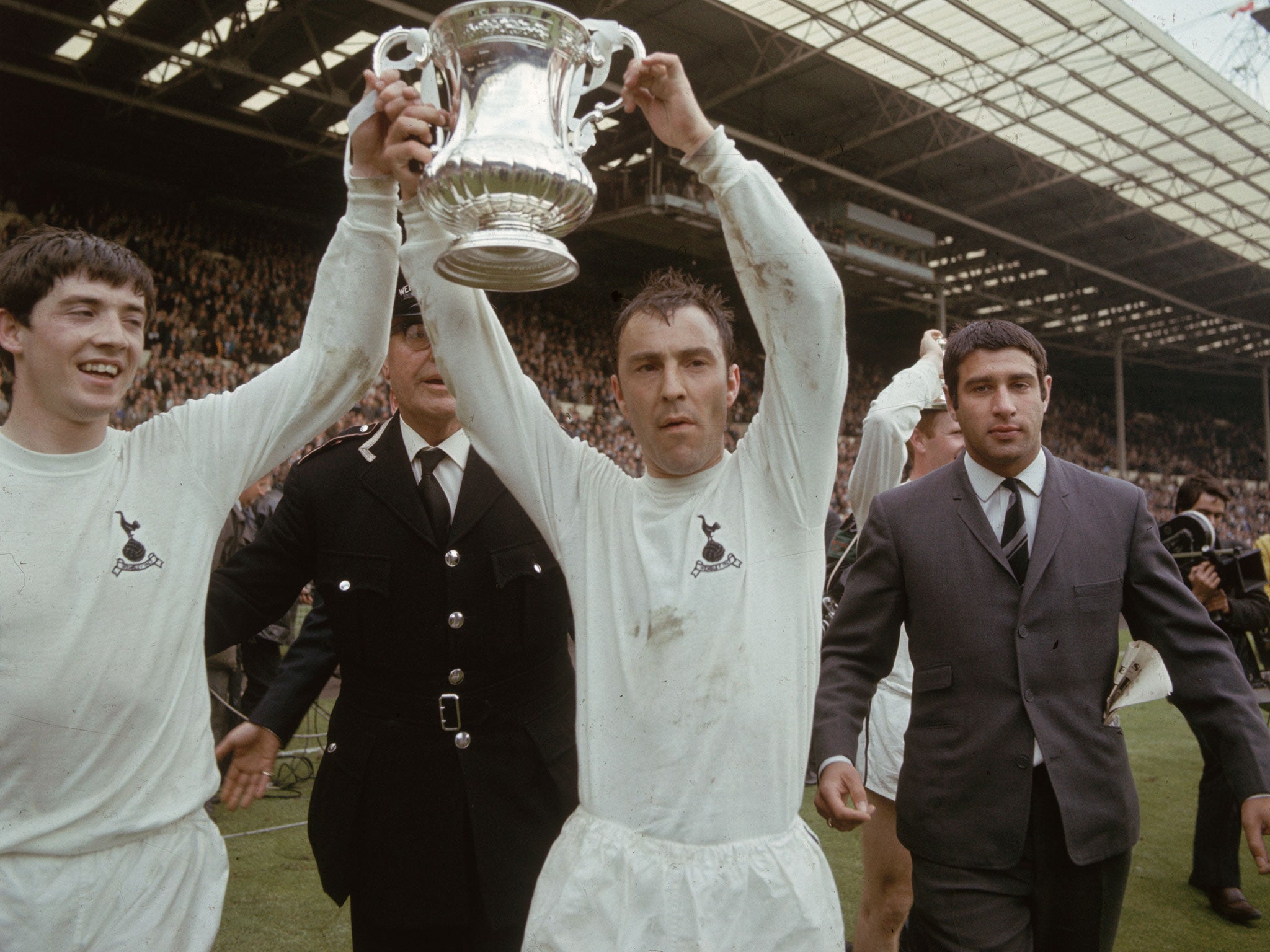 Joe Kinnear and Jimmy Greaves of Tottenham Hotspur football club celebrate after beating Chelsea in the FA Cup Final.