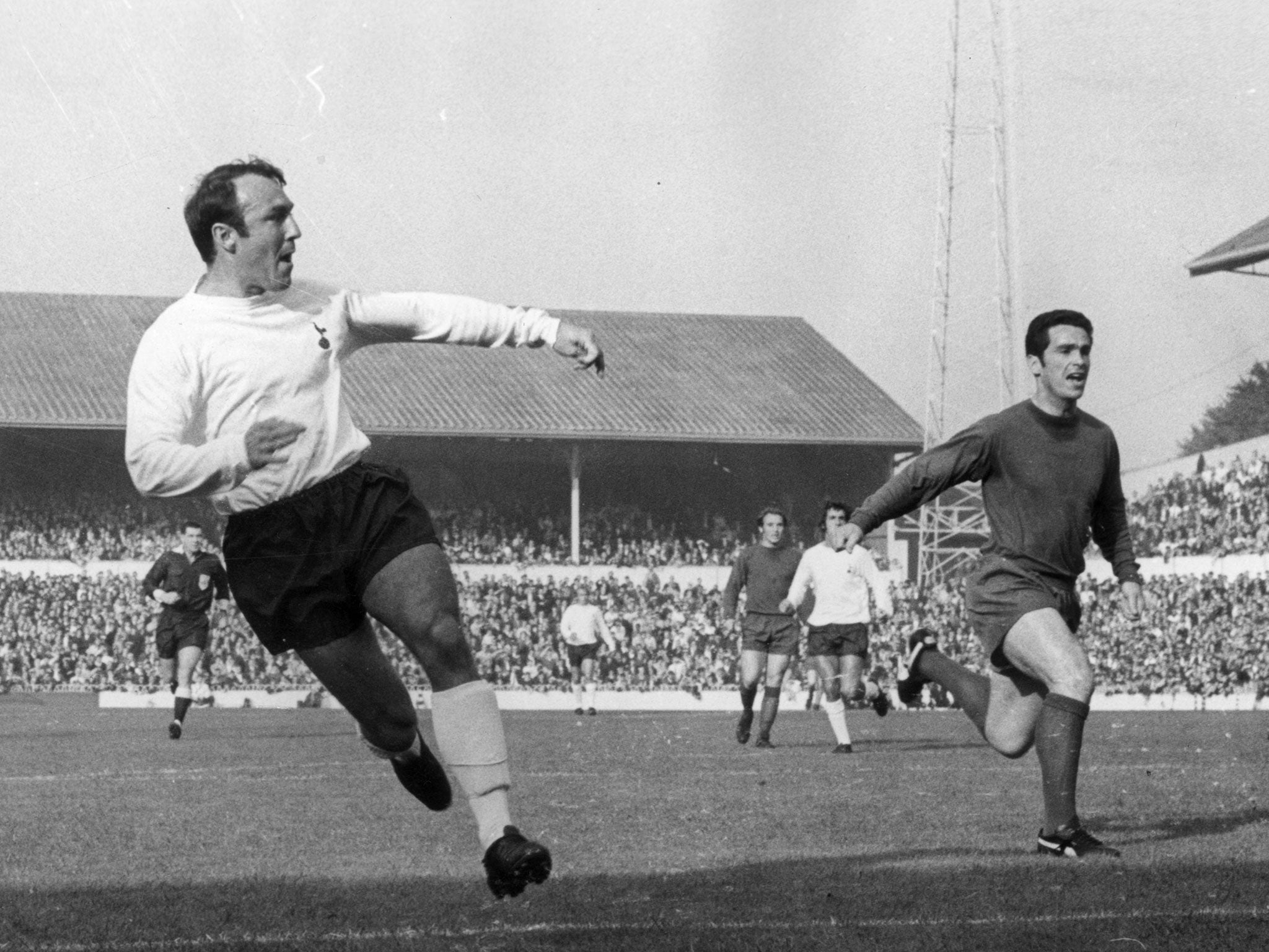 Jimmy Greaves tries a shot at goal as Spurs play Newcastle United at White Hart Lane in 1969.