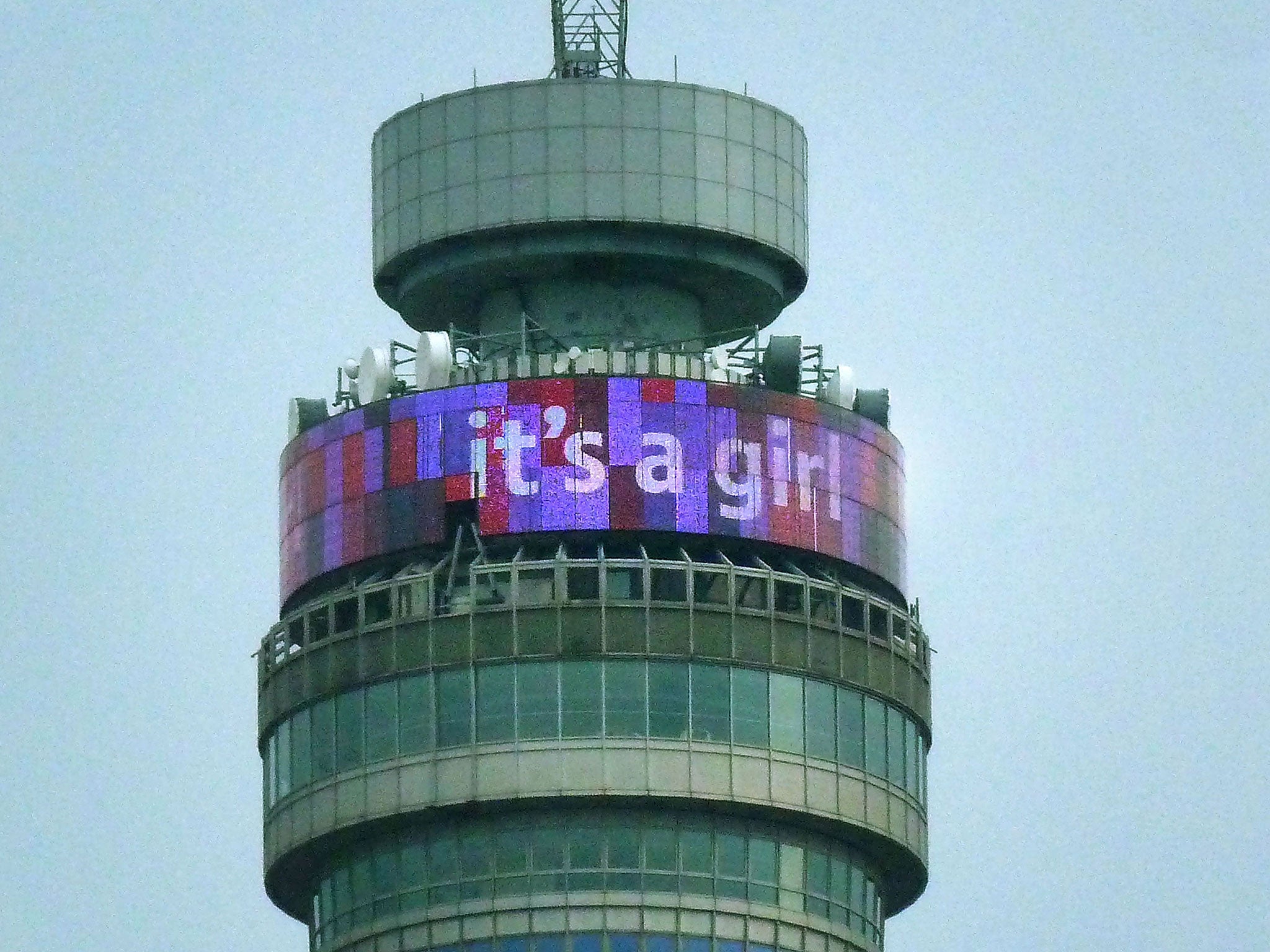 A computerised message stating 'it's a girl' is broadcast from the BT Tower