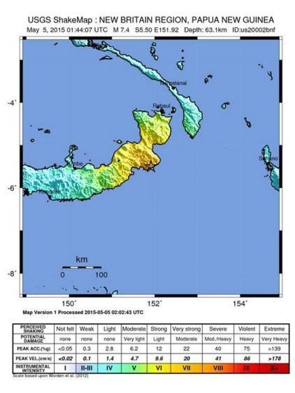 A shake map released by the US Geological Survey shows the location an earthquake on 5 May, which has since been upgraded to magnitude 7.5
