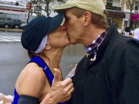 Barbara Tatge kissed the man while running the Boston Marathon