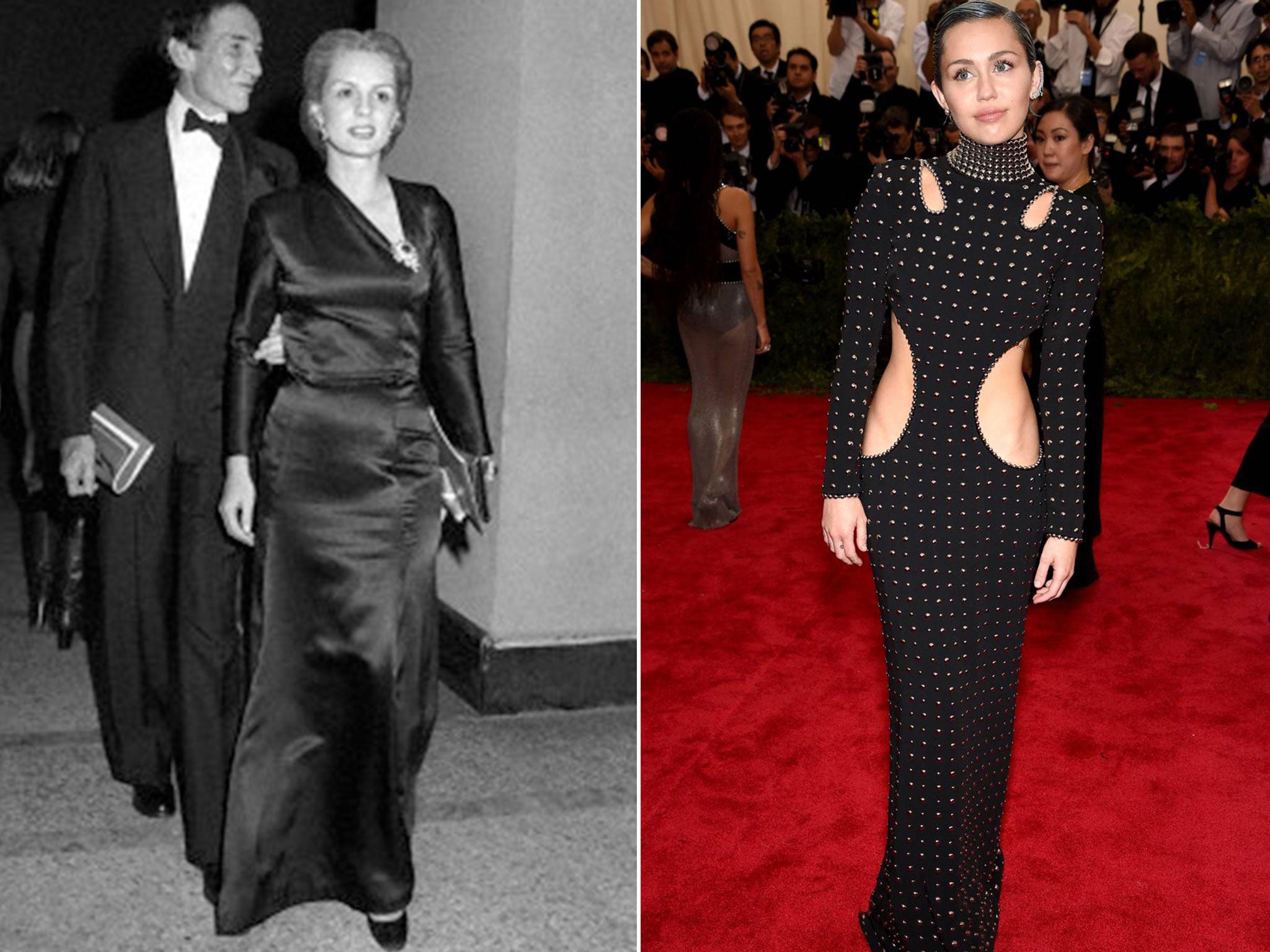 Carolina Herrera in 1975 and Miley Cyrus in Alexander Wang in 2015.