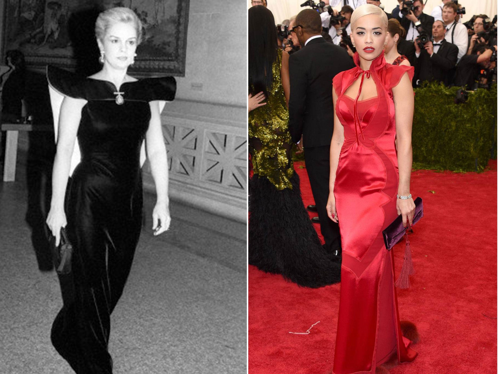 Carolina Herrera wearing a gown of her design in 1983 and Rita Ora in Tom Ford in 2015.