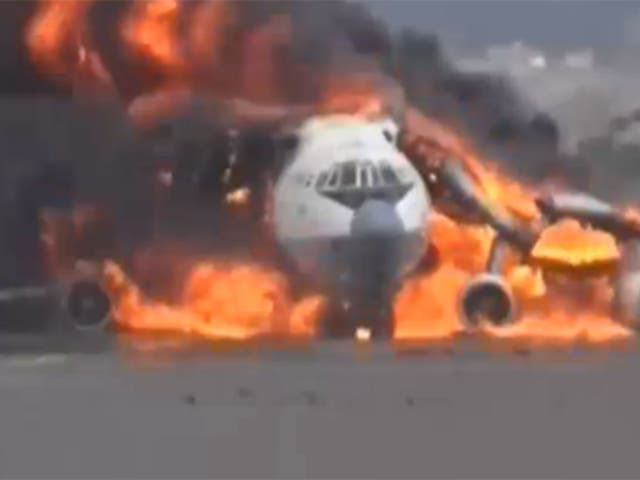 Plane burns on Sanaa International Airport runway (ITN)